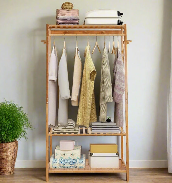 Bamboo Clothes Rail Rack with Top Shelf, Shoe Storage, 10 Hooks, and Ladder Rails – 80x43.5x165 cm