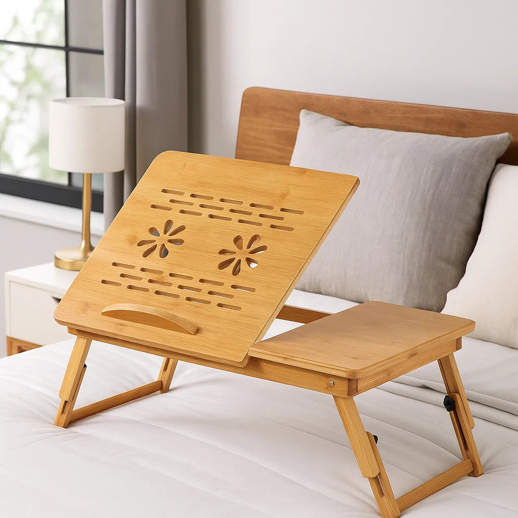 Adjustable Bamboo Laptop Bed Tray Table with Drawer, Folding Stand for 14" Laptops, Portable Desk