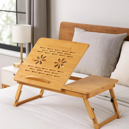 Adjustable Bamboo Laptop Bed Tray Table with Drawer, Folding Stand for 14" Laptops, Portable Desk