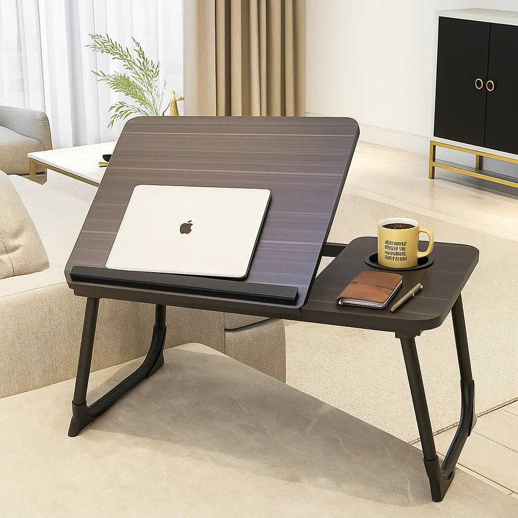 Black Folding Laptop Bed Tray Table with Cup & Device Slot, Portable Lap Desk for Sofa