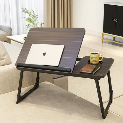 Black Folding Laptop Bed Tray Table with Cup & Device Slot, Portable Lap Desk for Sofa