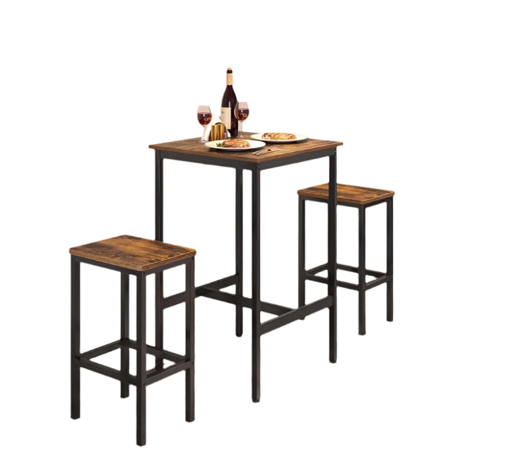 Compact Dining Table and 2 Chairs Set with Footrests, Industrial Style, Rustic Brown and Black