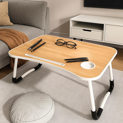 Folding Laptop Bed Table with Cup Holder, Lap Desk Tray for Sofa, Breakfast, Portable, Walnut