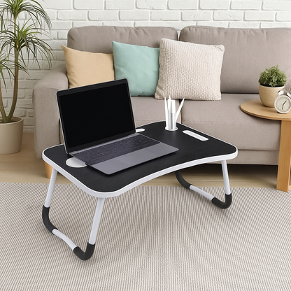 Black folding laptop desk with cup holder and device slot, perfect for bed, sofa, or portable use

