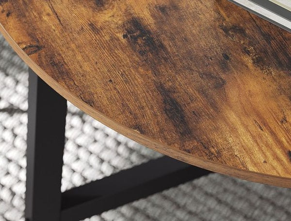 Round Dining Table, Rustic Brown Top with Black Steel Frame, Industrial Style for Kitchen or Office