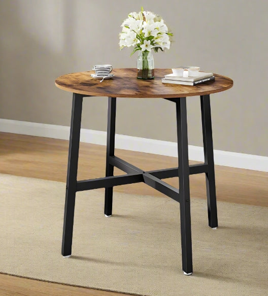Round Dining Table, Rustic Brown Top with Black Steel Frame, Industrial Style for Kitchen or Office