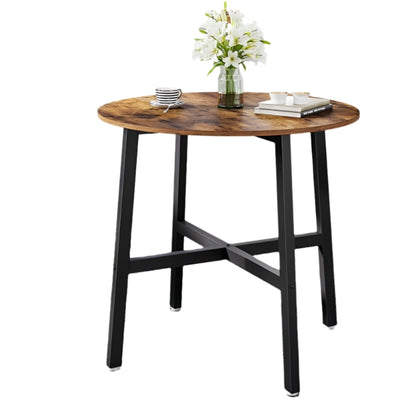 Round Dining Table, Rustic Brown Top with Black Steel Frame, Industrial Style for Kitchen or Office