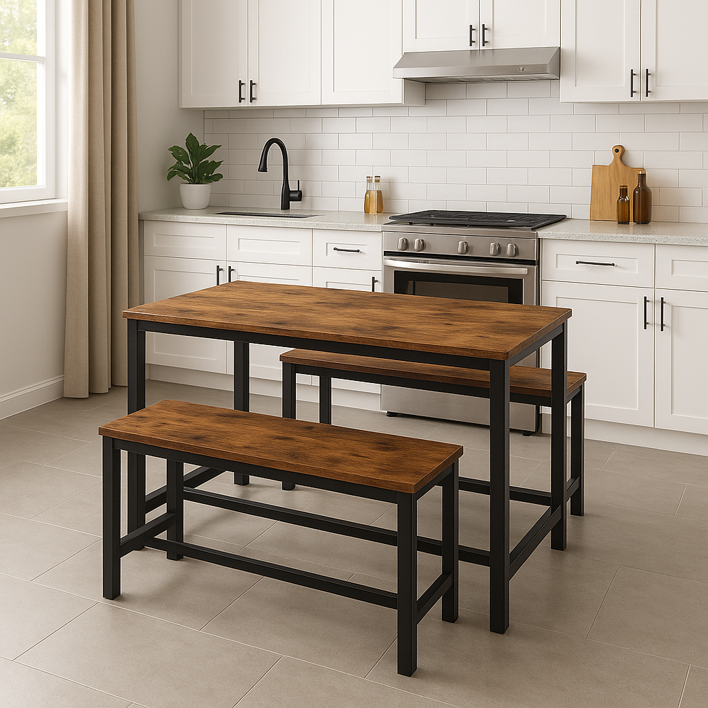 Set of 2 Industrial Dining Benches Rustic Brown Wood and Black Steel Frame Seating 108cm