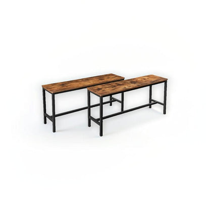 Set of 2 Industrial Dining Benches Rustic Brown Wood and Black Steel Frame Seating 108cm