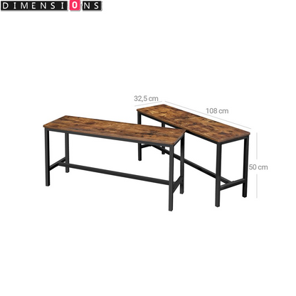 Set of 2 Industrial Dining Benches Rustic Brown Wood and Black Steel Frame Seating 108cm