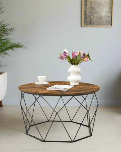 Industrial Round Coffee Table with Steel Frame