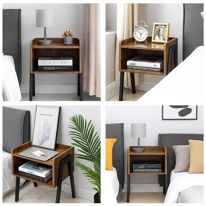 Industrial Rustic Bedside Table Stackable 2 Tier Side Table with Storage Shelf Brown