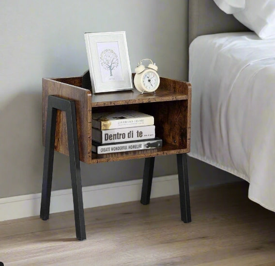 Rustic brown industrial bedside table with two open storage shelves and black metal frame

