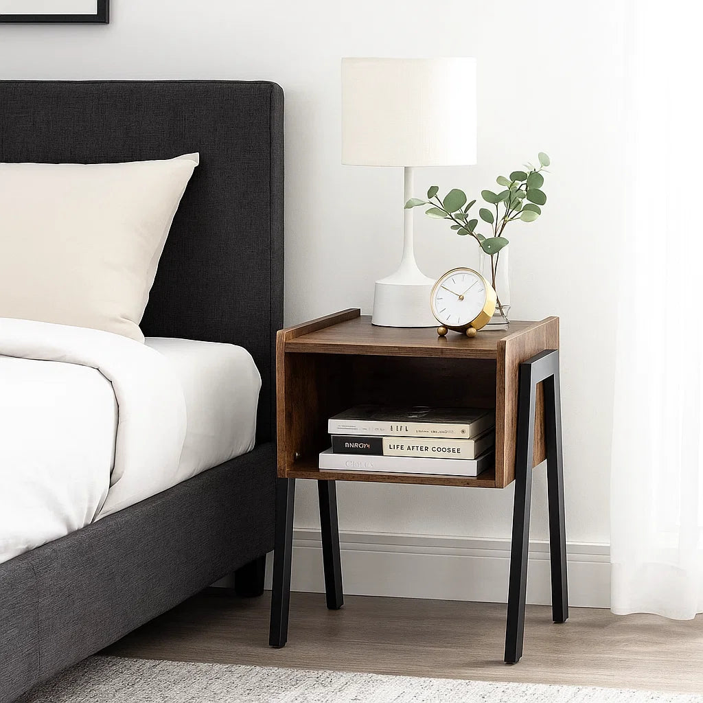 Industrial Rustic Bedside Table Stackable 2 Tier Side Table with Storage Shelf Brown