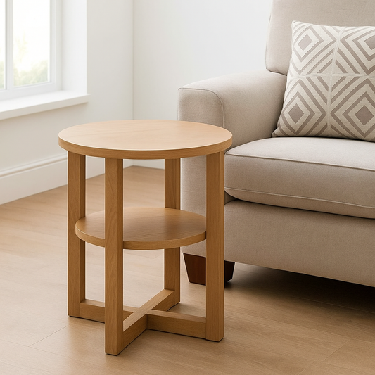 Small oak round side table with lower shelf for storage ideal for living room or bedside use

