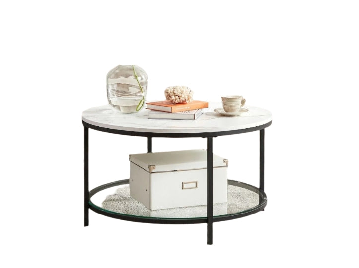 Round Marble White Coffee Table with Glass Storage Shelf and Black Steel Legs for Living Room