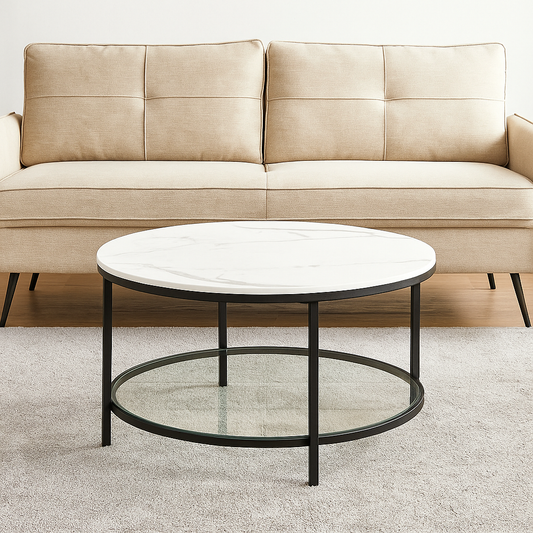 Round marble white coffee table with black steel legs and tempered glass storage shelf

