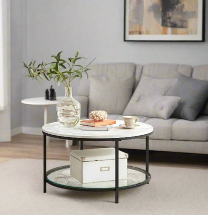 Round Marble White Coffee Table with Glass Storage Shelf and Black Steel Legs for Living Room