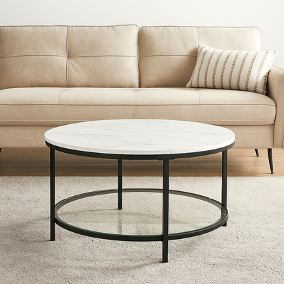 Round Marble White Coffee Table with Glass Storage Shelf and Black Steel Legs for Living Room