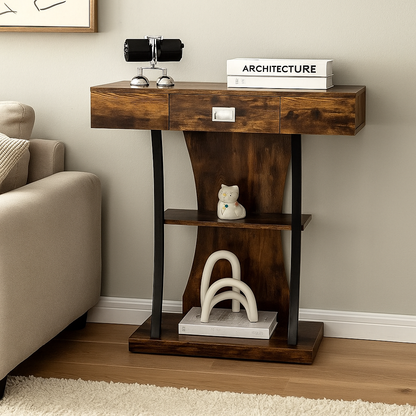 Rustic Brown Console Table with Drawer and Shelves T Shape Hallway Entryway Sofa Side Table