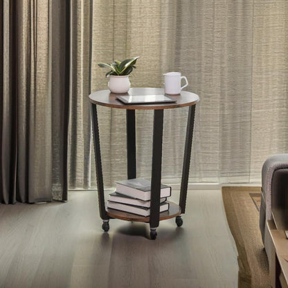 Round Industrial Side Table – Rustic Brown & Black Steel Frame for Living Room & Bedroom