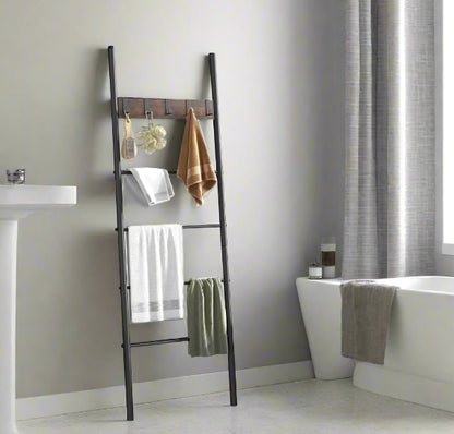 5-Tier Industrial Towel Ladder Shelf with 5 Hooks