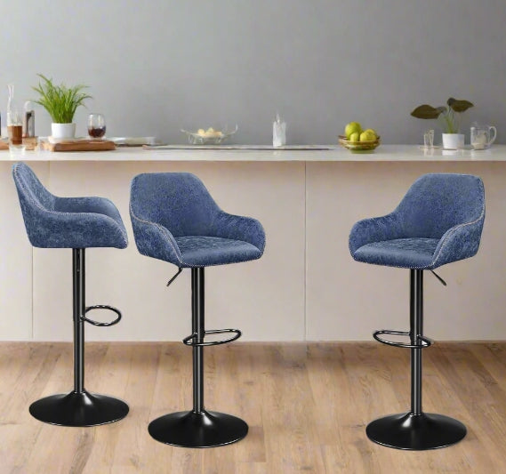 Set of 2 Adjustable Swivel Bar Stools with Backrest & Armrests – Faux Leather Blue Chairs