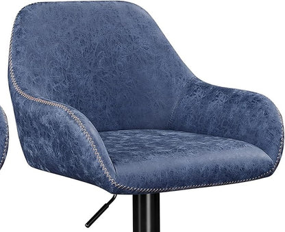 Set of 2 Adjustable Swivel Bar Stools with Backrest & Armrests – Faux Leather Blue Chairs