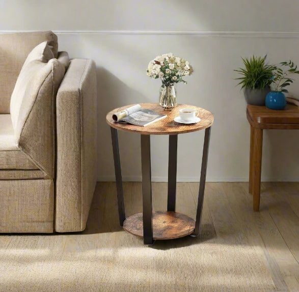 Round Industrial Side Table – Rustic Brown & Black Steel Frame for Living Room & Bedroom