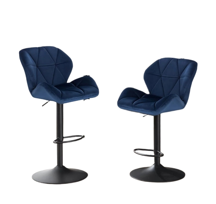 Set of 2 blue velvet adjustable swivel bar stools with black steel base for kitchen island or dining counter

