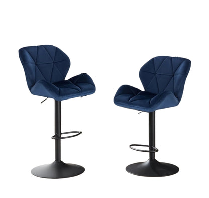 Set of 2 blue velvet adjustable swivel bar stools with black steel base for kitchen island or dining counter

