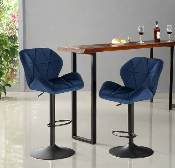 Set of 2 Velvet Blue Bar Stools – Adjustable Swivel Dining Chairs with Footrest & Black Steel