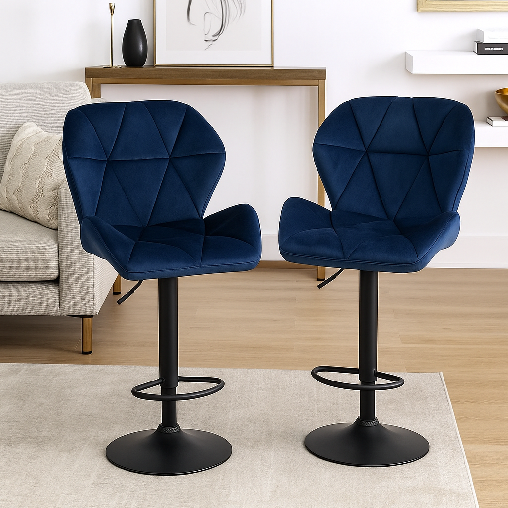 Set of 2 Velvet Blue Bar Stools – Adjustable Swivel Dining Chairs with Footrest & Black Steel