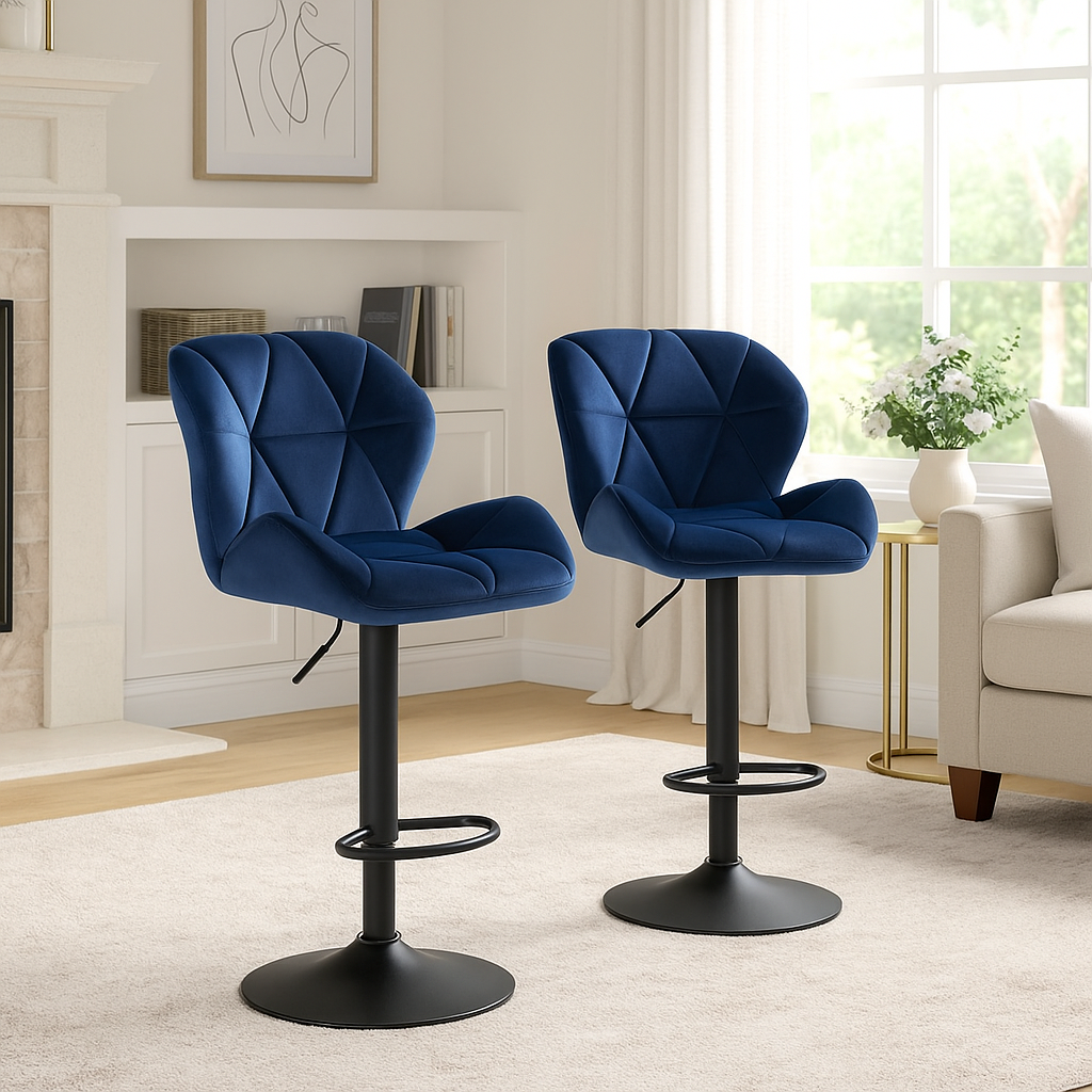 Set of 2 Velvet Blue Bar Stools – Adjustable Swivel Dining Chairs with Footrest & Black Steel