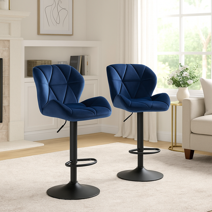 Set of 2 Velvet Blue Bar Stools – Adjustable Swivel Dining Chairs with Footrest & Black Steel