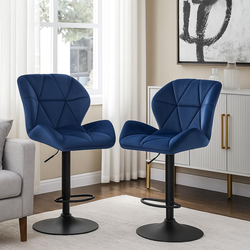 Set of 2 Velvet Blue Bar Stools – Adjustable Swivel Dining Chairs with Footrest & Black Steel
