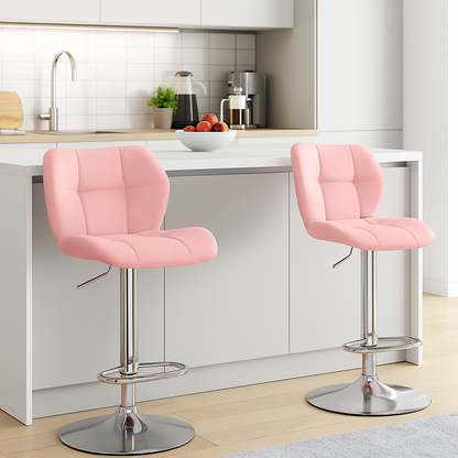 Set of 2 Pink PU Leather Bar Stools – Adjustable Swivel Counter Chairs with Backrest