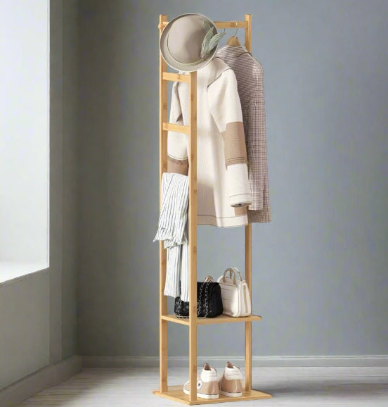 Bamboo Coat Stand with Garment Shelf and Hanging Rail