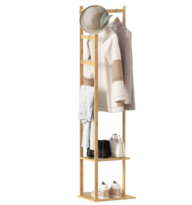 Bamboo Coat Stand with Garment Shelf and Hanging Rail