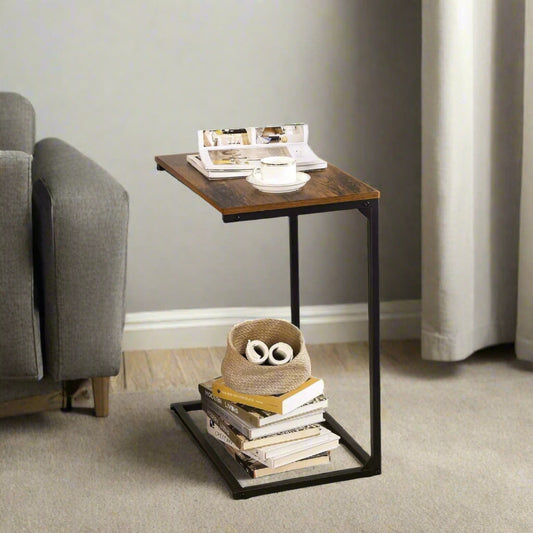 Rustic brown and black laptop side table with steel frame for sofa or bed use

