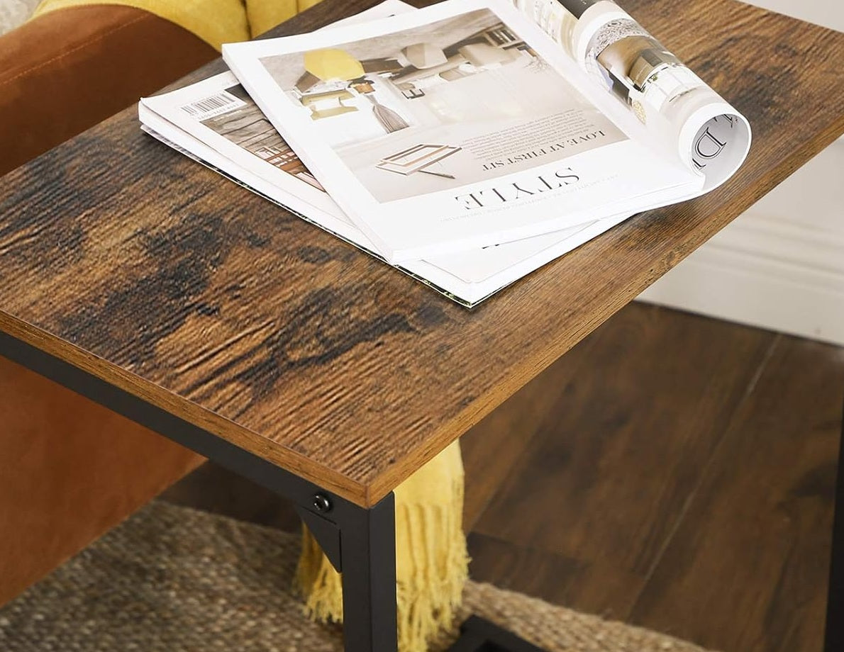 Small Laptop Side Table – Rustic Brown & Black Industrial Sofa or Bed Desk with Steel Frame