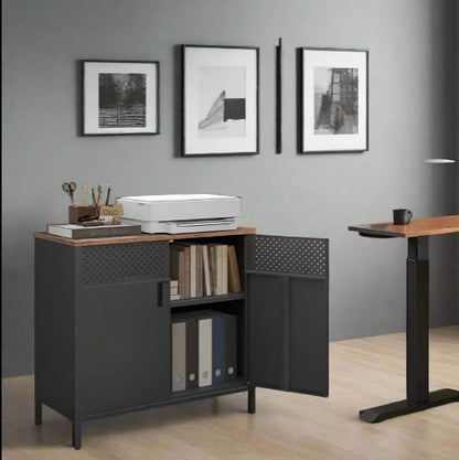 Rustic Brown & Black Floor Standing Storage Cabinet with Door and Adjustable Shelf