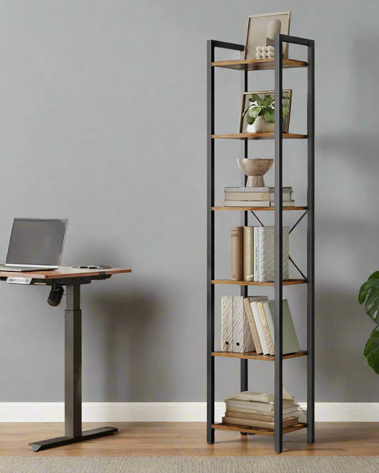 6 tier rustic style industrial shelf with open compartments