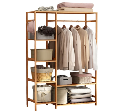 Large Bamboo Garment Rack with Clothes Rail and Shelves