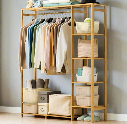 Large Bamboo Garment Rack with Clothes Rail and Shelves