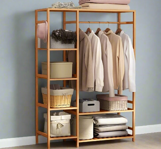 Large Bamboo Garment Rack with Clothes Rail and Shelves