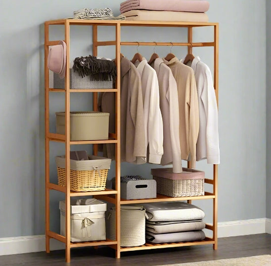 Large Bamboo Garment Rack with Clothes Rail and Shelves