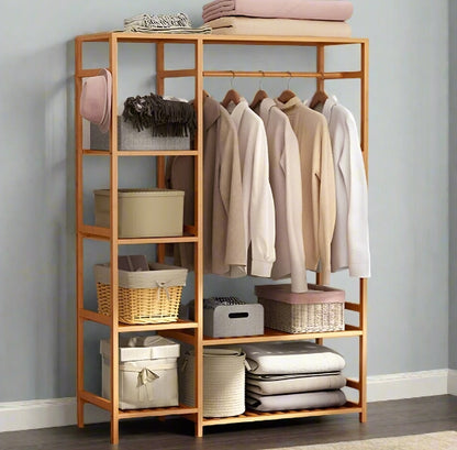 Large Bamboo Garment Rack with Clothes Rail and Shelves