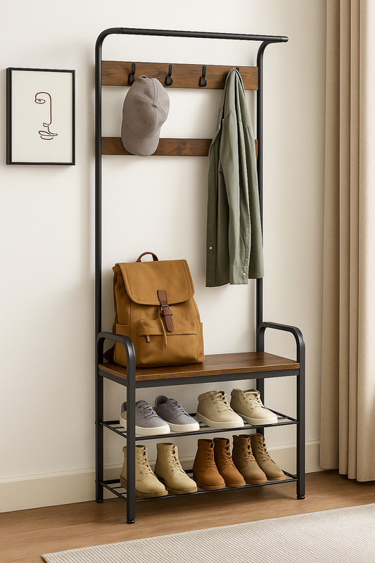 Rustic brown and black 4-in-1 coat rack with shoe storage bench, hanging rail, and removable hooks for hallway or entryway organization

