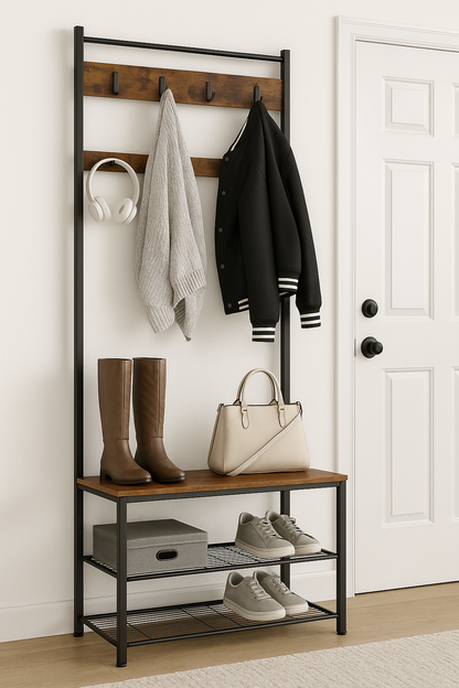 Industrial style coat rack with 9 hooks, rustic bench, and metal shoe shelves for entryway or hallway storage

